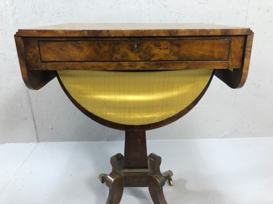 Antique yew work table, the rectangular top with drop leaves and inlaid banding, with narrow - Image 4 of 17