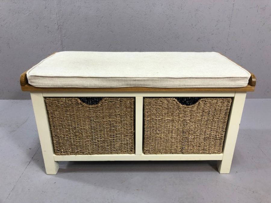 Hall bench with cushioned seat and two storage baskets under, approx 90cm x 43cm x 49cm tall15