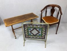 Collection of three small pieces of furniture to include antique chair, table and a brass and