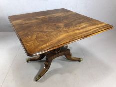 Antique Pembroke table with hidden drawers to either end on four splayed feet and brass castors