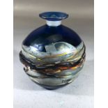 JONATHAN HARRIS - contemporary studio rounded glass vase decorated with trailed overlay on a blue