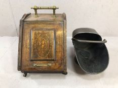 Cooper coal scuttle and wooden inlaid coal box