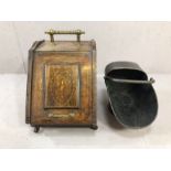 Cooper coal scuttle and wooden inlaid coal box