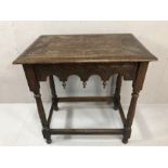 Oak carved side table of four turned legs, approx 69cm x 45cm x 72cm