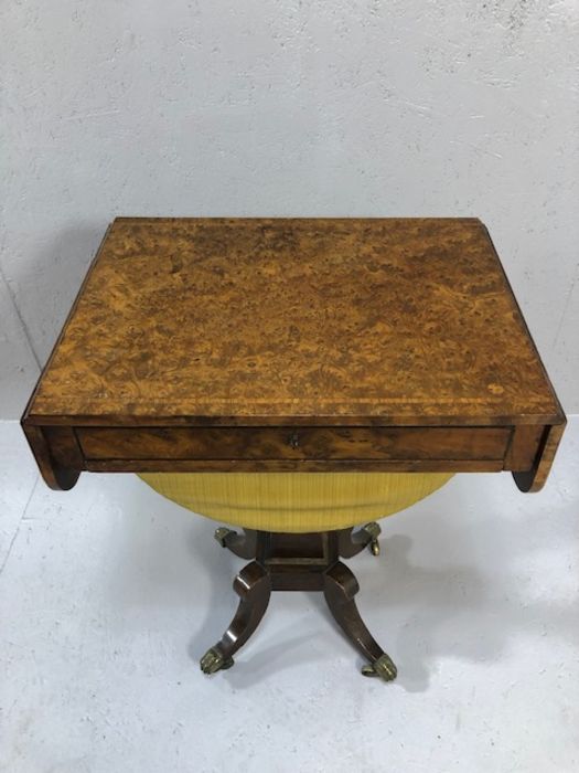 Antique yew work table, the rectangular top with drop leaves and inlaid banding, with narrow - Image 2 of 17