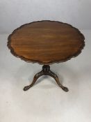 Antique occasional table on tripod ball and claw feet, approx 69cms diameter
