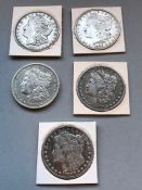 Collection USA coins, five Morgan Dollars. 1921, 1890, 1889, 1885 & 1891