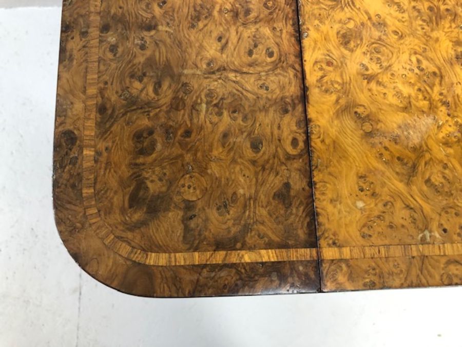 Antique yew work table, the rectangular top with drop leaves and inlaid banding, with narrow - Image 9 of 17