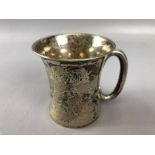 Hallmarked Silver cup with all over floral design dated 1908 and by maker Joseph Gloster Ltd, 7cm