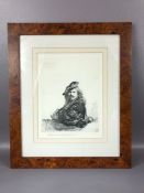 Etching of Rembrandt dated 1639 signed in pencil "handprinted by Rae Boer" in a walnut frame.