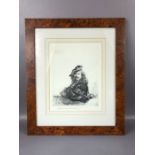 Etching of Rembrandt dated 1639 signed in pencil "handprinted by Rae Boer" in a walnut frame.