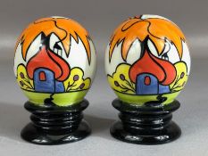 LORNA BAILEY egg shaped salt and pepper cruet set, signed to base, each approx 8cm in height .