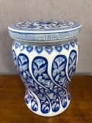 Ceramic blue and white Chinese garden seat or stool, decorated with flowers, approx 42cm tall