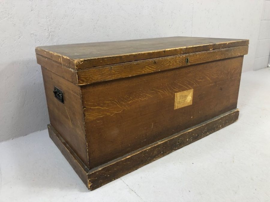 Large vintage wooden chest with hinged lid and twin handles, approx 105cm x 55cm x 52cm tall - Image 2 of 11
