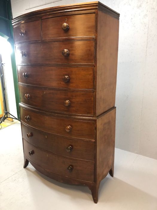 Mahogany bow fronted chest on chest of eight drawers, with turned bun handles, raised on bracket - Image 3 of 15