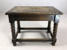 Early carved oak jointed table with turned legs, approx 85cm x 46cm x 63cm