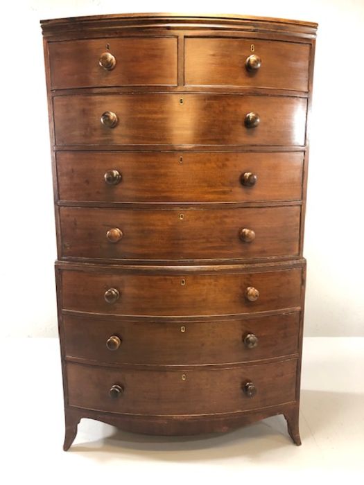 Mahogany bow fronted chest on chest of eight drawers, with turned bun handles, raised on bracket - Image 14 of 15