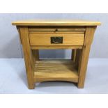 Modern oak side table with pull out leaf, single drawer and shelf under, approx 65cm x 45cm x 66cm