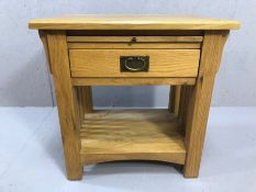 Modern oak side table with pull out leaf, single drawer and shelf under, approx 65cm x 45cm x 66cm