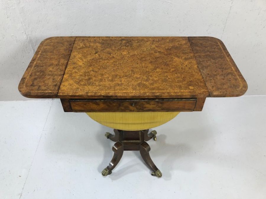 Antique yew work table, the rectangular top with drop leaves and inlaid banding, with narrow - Image 16 of 17