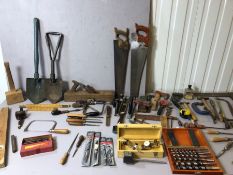 Large collection of vintage and modern tools to include drills, chisels, saws, hammers, plane etc