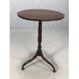 Antique occasional or wine table on turned column support and tripod legs, approx 42cm in diameter