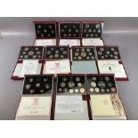 Collection of ten Royal Mint Proof coin collection packs in leather wallets with paperwork of