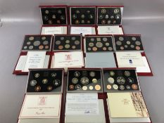 Collection of ten Royal Mint Proof coin collection packs in leather wallets with paperwork of