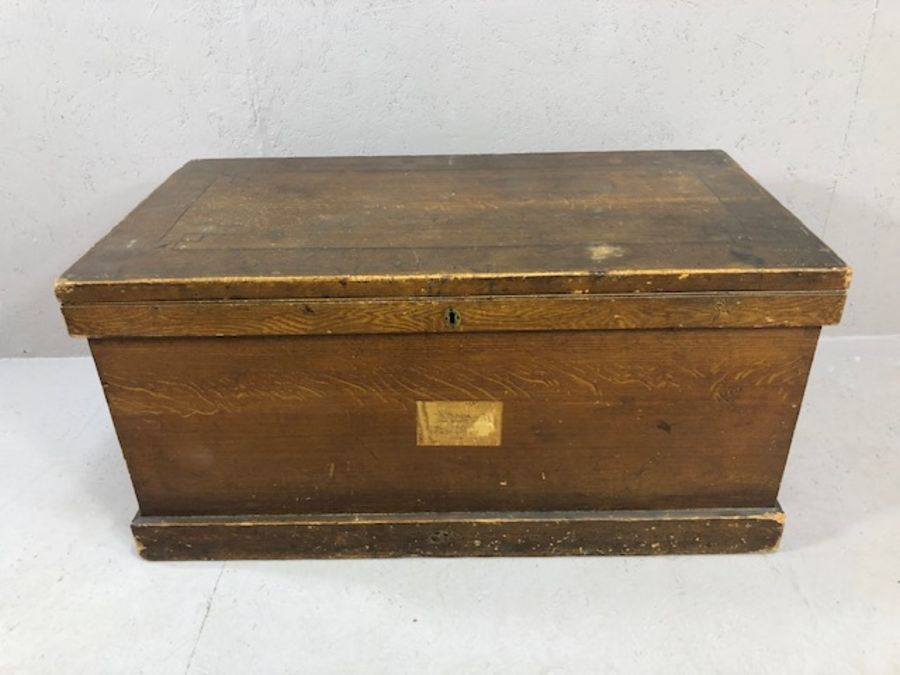 Large vintage wooden chest with hinged lid and twin handles, approx 105cm x 55cm x 52cm tall
