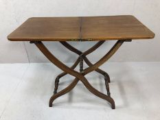 Folding X-Frame occasional table with turned cross stretchers and brass hinges, approx 86cm x 44cm x