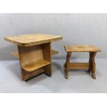 Mid Century oak square coffee table with shelving below, approx 61cm x 61cm x 59cm and a small oak