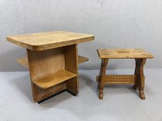 Mid Century oak square coffee table with shelving below, approx 61cm x 61cm x 59cm and a small oak