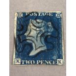 Stamps: an 1840 First Edition Two Penny Blue KK