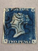 Stamps: an 1840 First Edition Two Penny Blue KK