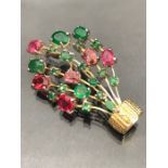 9ct Gold Brooch depicting a basket of flowers and decorated with coloured gemstones approx 6cm