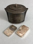 Silver items to include Silver ingots and a hallmarked silver pot (A/F) total weight approx 101g