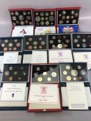 Collection of ten Royal Mint Proof coin collection packs in leather wallets with paperwork of
