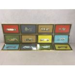 Set of twelve framed and glazed coloured vintage Mercedes-Benz prints, models from 1894 - 1938, each