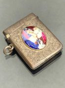 Silver Hallmarked Vesta case with applied erotic nude enamel, by maker Constantine & Floyd Ltd and