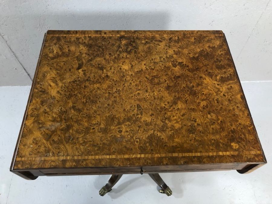 Antique yew work table, the rectangular top with drop leaves and inlaid banding, with narrow - Image 3 of 17