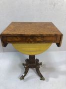 Antique yew work table, the rectangular top with drop leaves and inlaid banding, with narrow