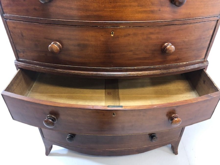 Mahogany bow fronted chest on chest of eight drawers, with turned bun handles, raised on bracket - Image 9 of 15