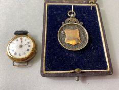 9ct Gold cased watch (A/F) and a Silver and Gold medal in presentation box