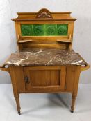 Satinwood marble topped wash stand with tiled upstand, towel rails and cupboard under, approx 92cm x