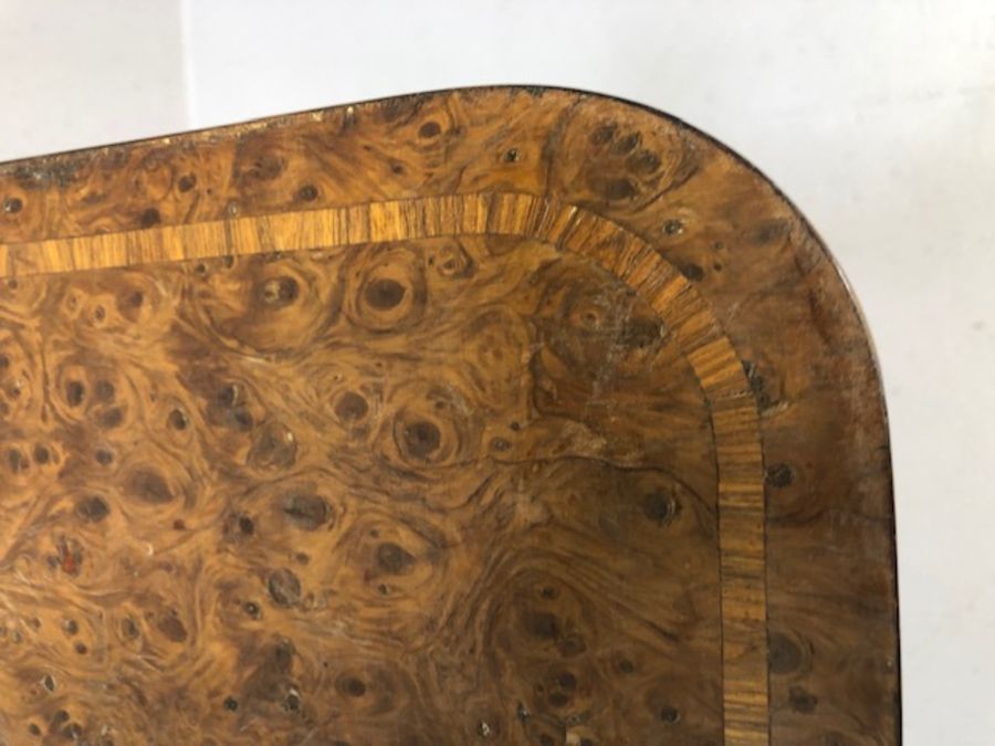 Antique yew work table, the rectangular top with drop leaves and inlaid banding, with narrow - Image 14 of 17