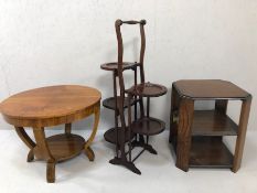 Three items of wooden furniture to include two side tables and a folding double cake stand