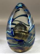 OKRA - Contemporary art glass pear shaped paperweight with sliced front section, in shades of