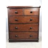 Antique pine chest of five drawers with bun handles, approx 102cm x 48cm x 113cm