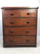 Antique pine chest of five drawers with bun handles, approx 102cm x 48cm x 113cm