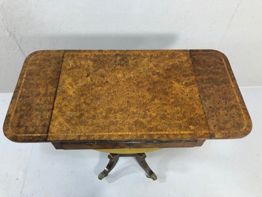 Antique yew work table, the rectangular top with drop leaves and inlaid banding, with narrow - Image 8 of 17
